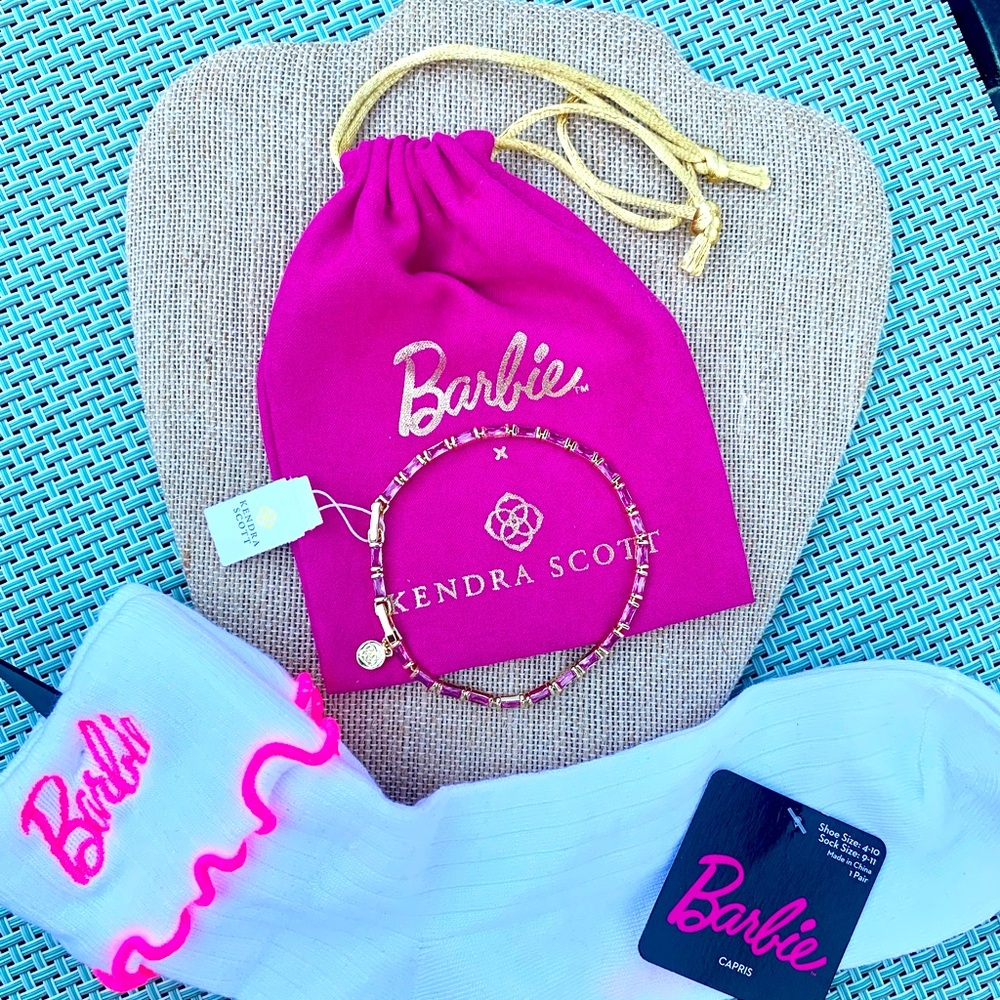NWT! Kendra Scott x Barbie Gold Bracelet in Pink Crystal w/Barbie Ankle Socks 💕